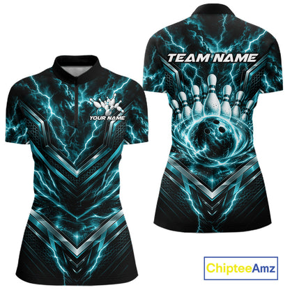 Custom Turquoise Blue Lightning Bowling Women Quarter-Zip Shirt, Bowling League Shirt IPHW12337