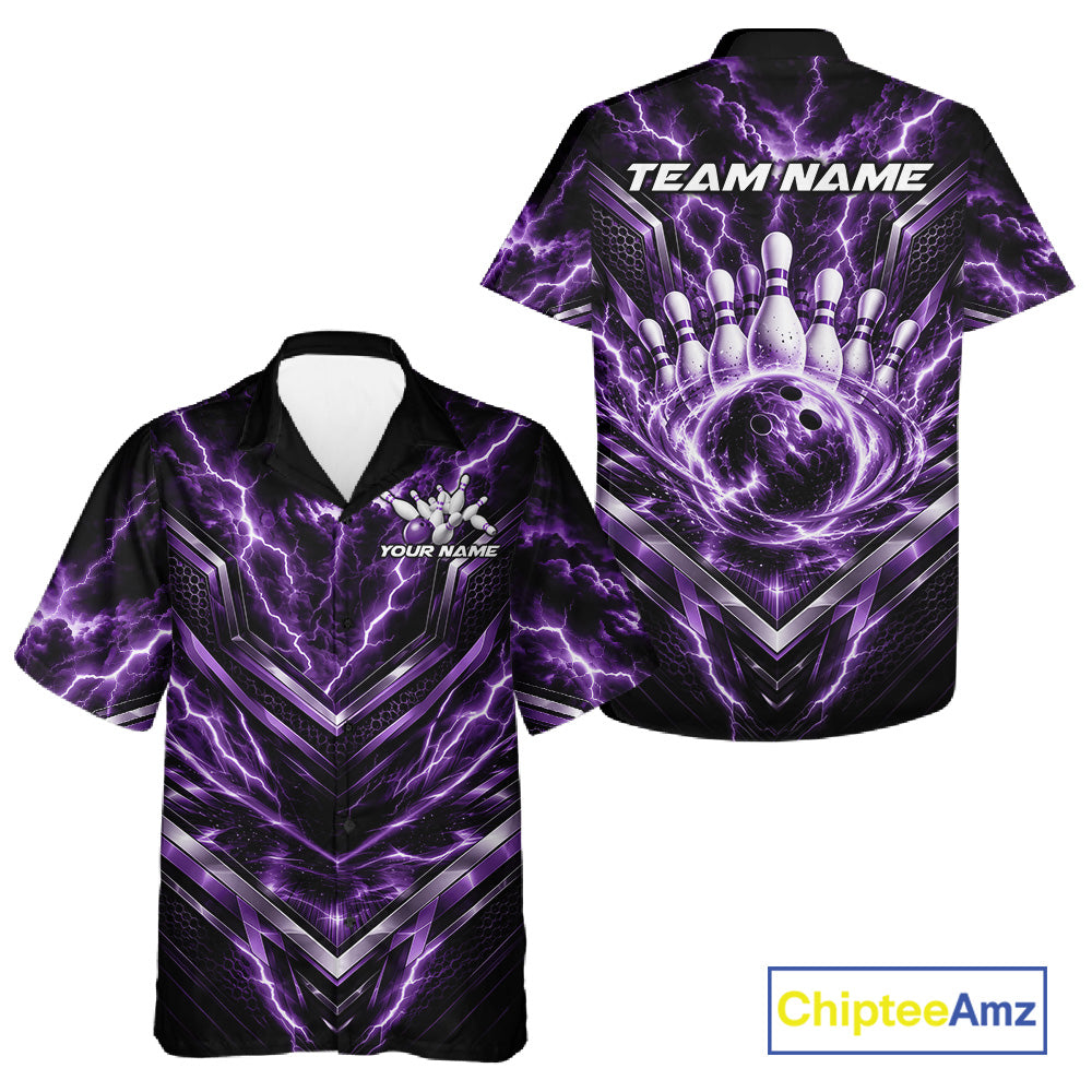 Custom Purple Lightning Bowling Team Men And Women Button Up Shirt, Matching Bowling League Shirt IPHW12338