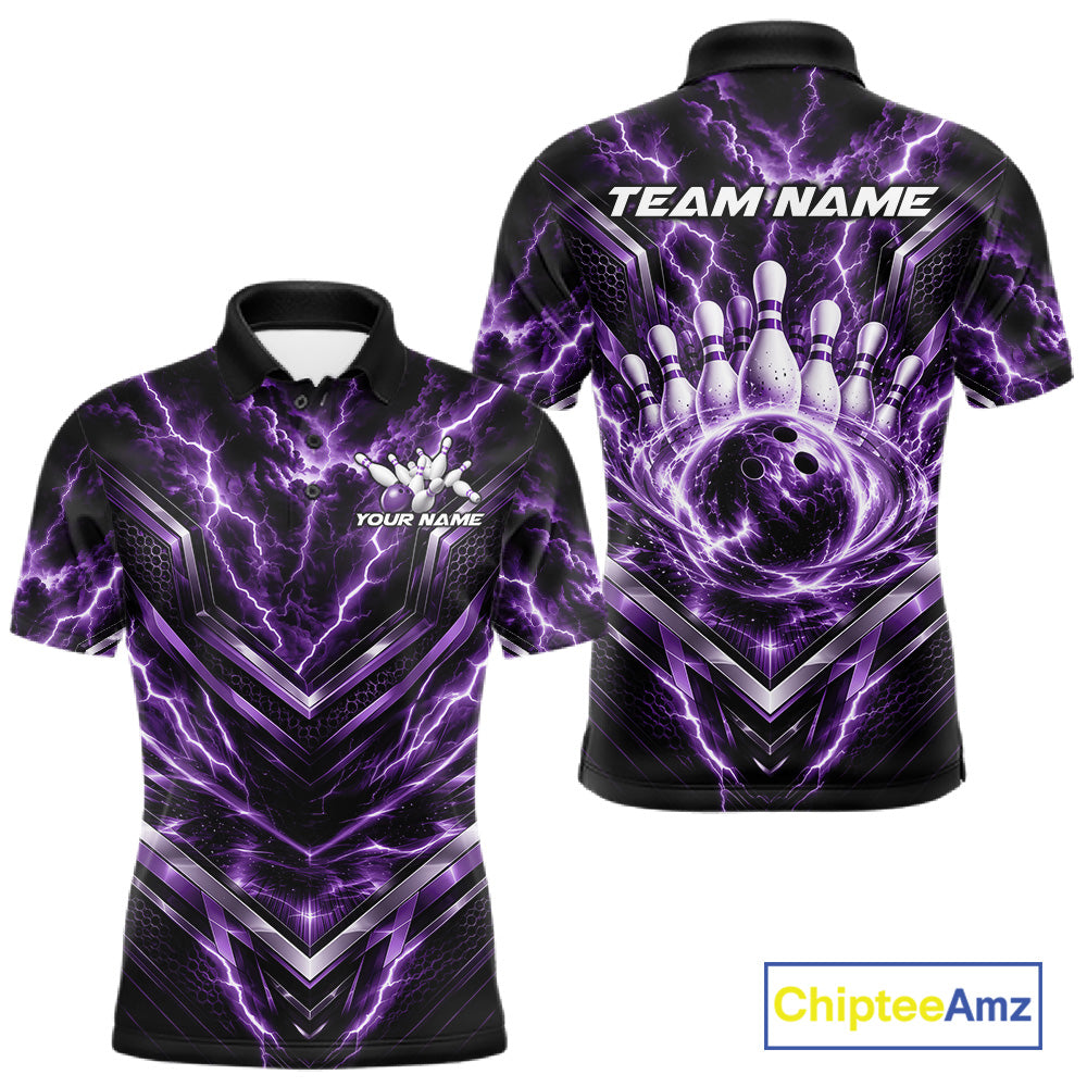 Custom Purple Lightning Bowling Team Men Polo Shirt, Matching Bowling League Shirt IPHW12338