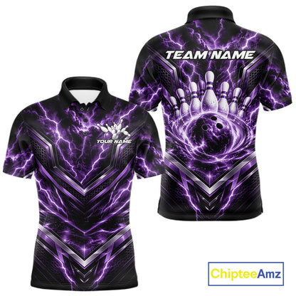 Custom Purple Lightning Bowling Team Men Polo Shirt, Matching Bowling League Shirt IPHW12338
