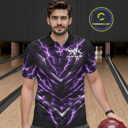 Custom Purple Lightning Bowling Team Men Polo Shirt, Matching Bowling League Shirt IPHW12338