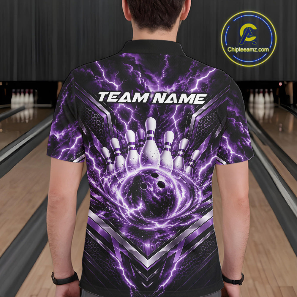 Custom Purple Lightning Bowling Team Men Polo Shirt, Matching Bowling League Shirt IPHW12338