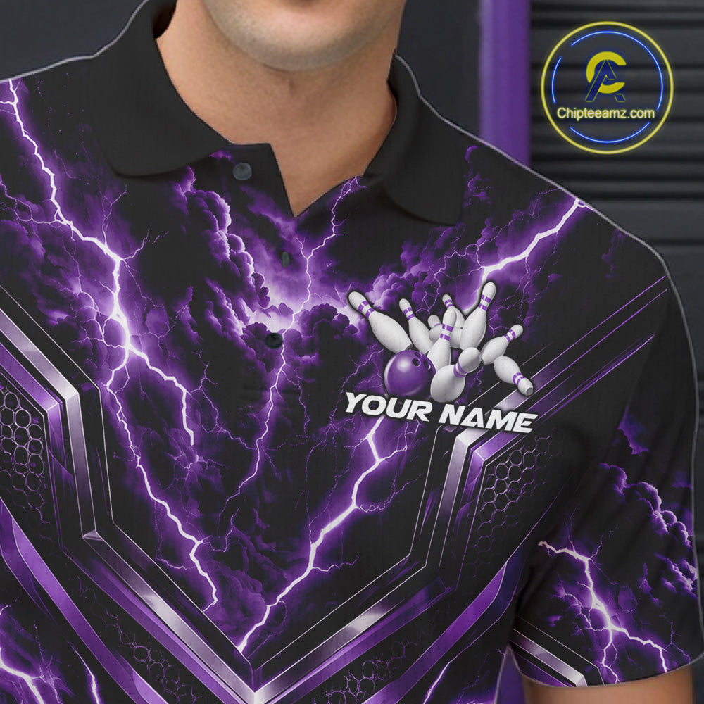 Custom Purple Lightning Bowling Team Men Polo Shirt, Matching Bowling League Shirt IPHW12338