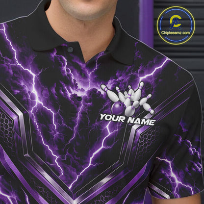 Custom Purple Lightning Bowling Team Men Polo Shirt, Matching Bowling League Shirt IPHW12338