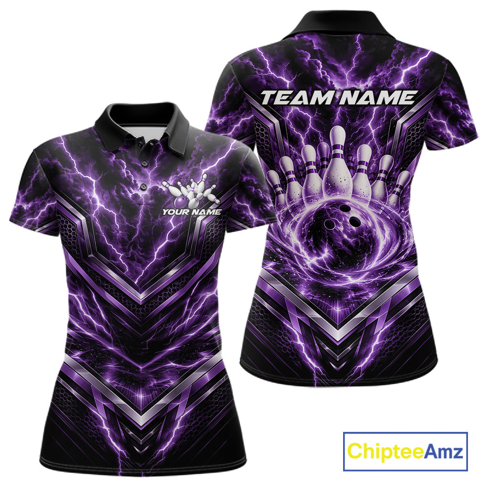 Custom Purple Lightning Bowling Team Women Polo Shirt, Matching Bowling League Shirt IPHW12338