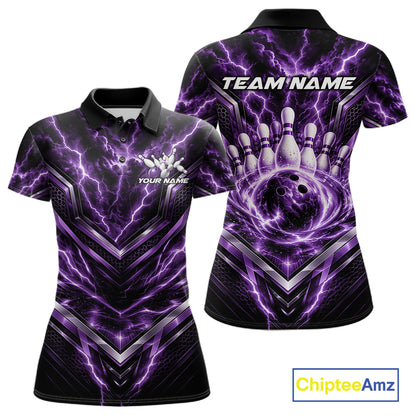 Custom Purple Lightning Bowling Team Women Polo Shirt, Matching Bowling League Shirt IPHW12338