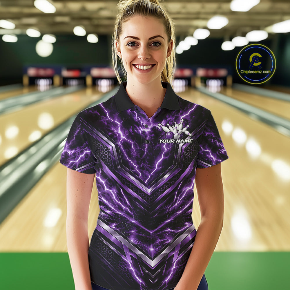 Custom Purple Lightning Bowling Team Women Polo Shirt, Matching Bowling League Shirt IPHW12338