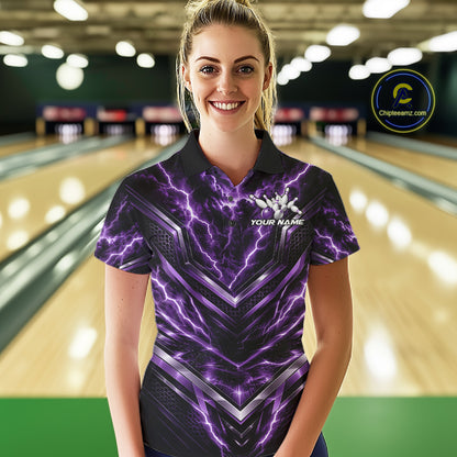 Custom Purple Lightning Bowling Team Women Polo Shirt, Matching Bowling League Shirt IPHW12338