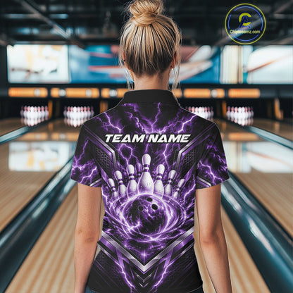 Custom Purple Lightning Bowling Team Women Polo Shirt, Matching Bowling League Shirt IPHW12338