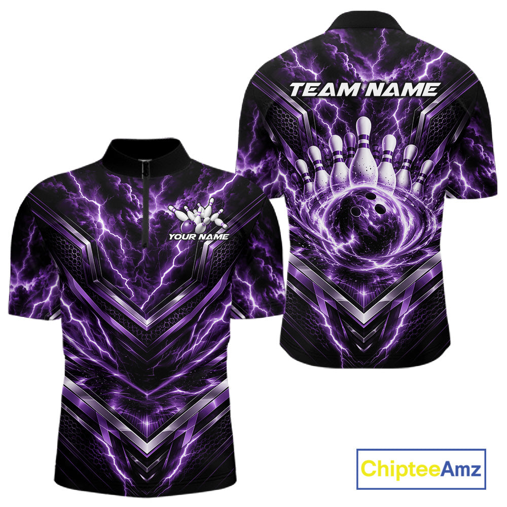 Custom Purple Lightning Bowling Team Men Quarter Zip Shirt, Matching Bowling League Shirt IPHW12338