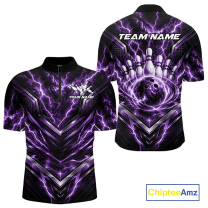 Custom Purple Lightning Bowling Team Men Quarter Zip Shirt, Matching Bowling League Shirt IPHW12338