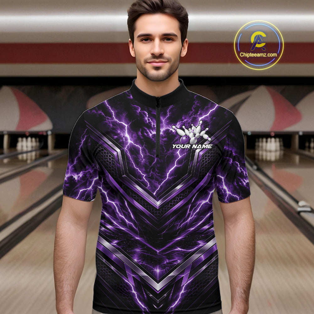 Custom Purple Lightning Bowling Team Men Quarter Zip Shirt, Matching Bowling League Shirt IPHW12338