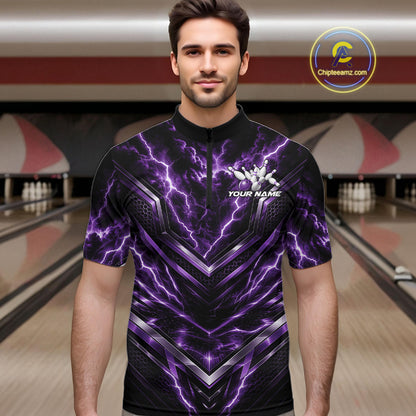 Custom Purple Lightning Bowling Team Men Quarter Zip Shirt, Matching Bowling League Shirt IPHW12338