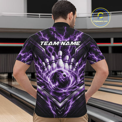 Custom Purple Lightning Bowling Team Men Quarter Zip Shirt, Matching Bowling League Shirt IPHW12338