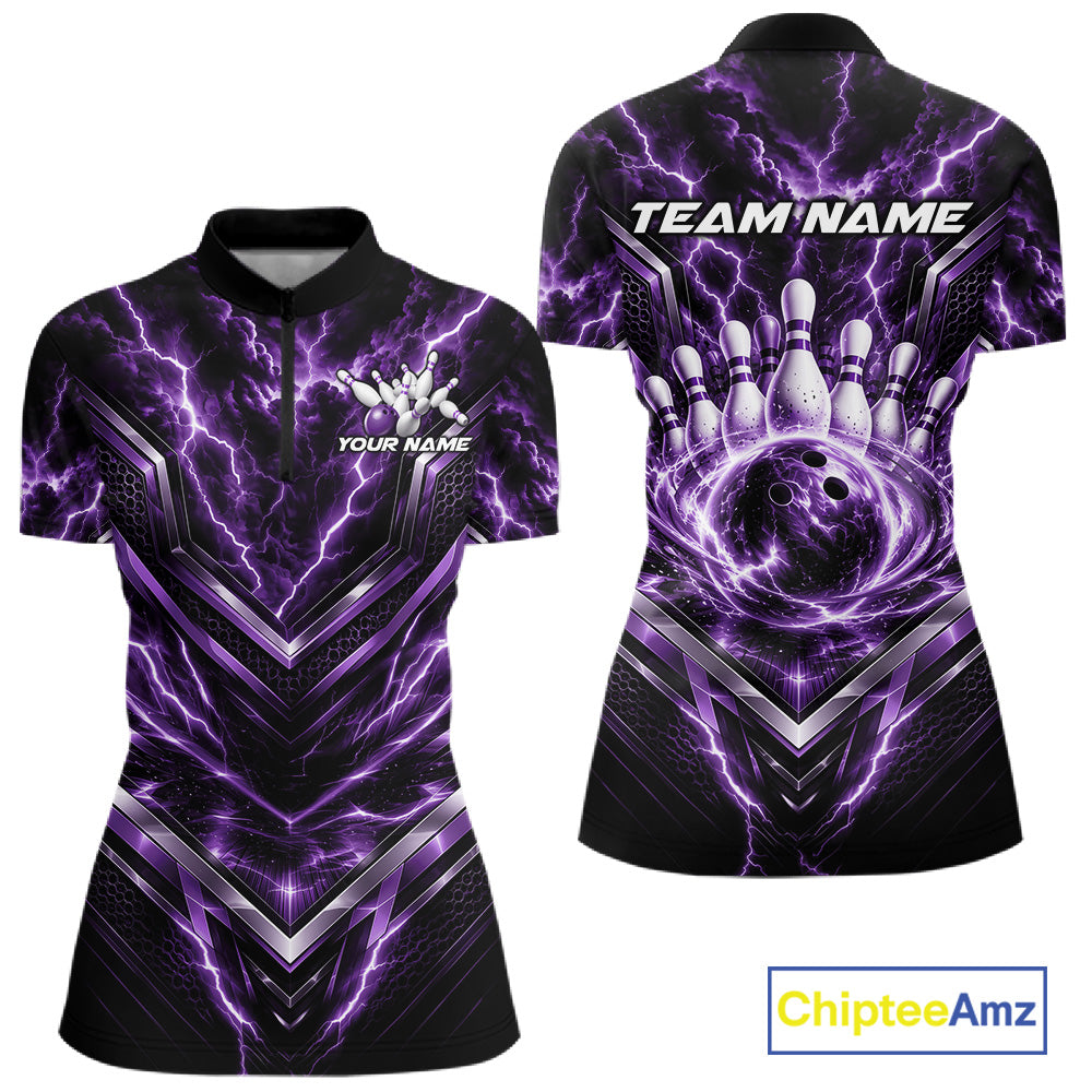 Custom Purple Lightning Bowling Team Women Quarter-Zip Shirt, Bowling League Shirt IPHW12338