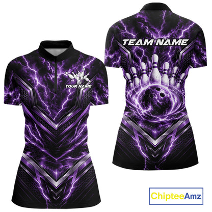 Custom Purple Lightning Bowling Team Women Quarter-Zip Shirt, Bowling League Shirt IPHW12338