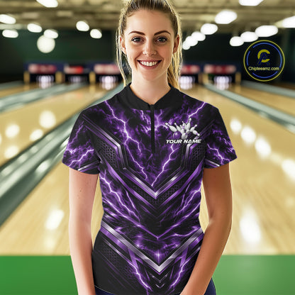 Custom Purple Lightning Bowling Team Women Quarter-Zip Shirt, Bowling League Shirt IPHW12338