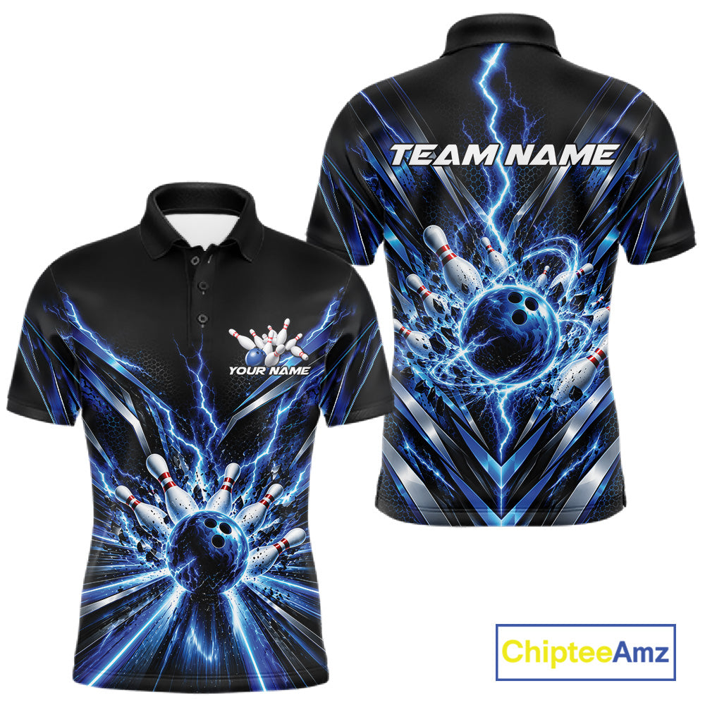 Custom Blue Lightning Bowling Team Jersey, Matching Bowling League Polo Shirt For Men IPHW12343