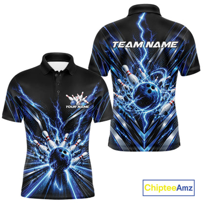 Custom Blue Lightning Bowling Team Jersey, Matching Bowling League Polo Shirt For Men IPHW12343