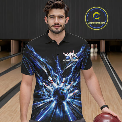 Custom Blue Lightning Bowling Team Jersey, Matching Bowling League Polo Shirt For Men IPHW12343