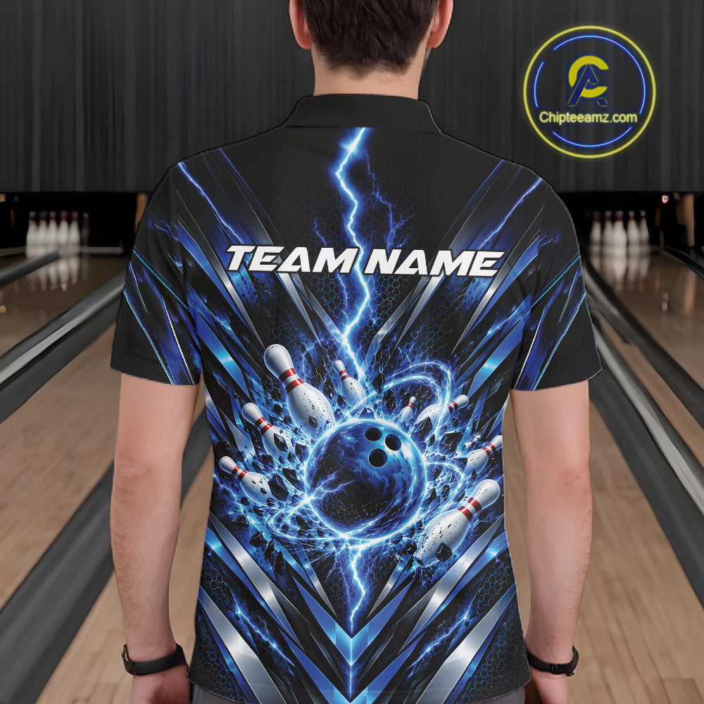 Custom Blue Lightning Bowling Team Jersey, Matching Bowling League Polo Shirt For Men IPHW12343
