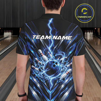 Custom Blue Lightning Bowling Team Jersey, Matching Bowling League Polo Shirt For Men IPHW12343