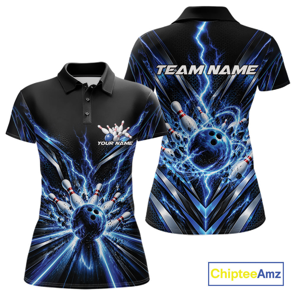 Custom Blue Lightning Bowling Team Jersey, Matching Bowling League Polo Shirt For Women IPHW12343