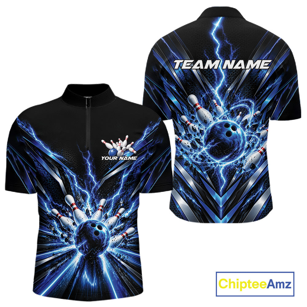Custom Blue Lightning Bowling Team Jersey, Matching Bowling League Quarter Zip Shirt For Men IPHW12343