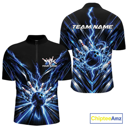 Custom Blue Lightning Bowling Team Jersey, Matching Bowling League Quarter Zip Shirt For Men IPHW12343