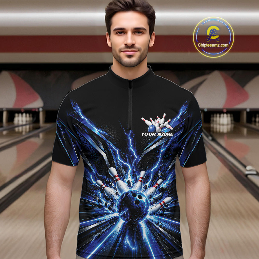 Custom Blue Lightning Bowling Team Jersey, Matching Bowling League Quarter Zip Shirt For Men IPHW12343