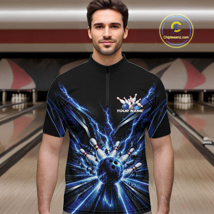 Custom Blue Lightning Bowling Team Jersey, Matching Bowling League Quarter Zip Shirt For Men IPHW12343