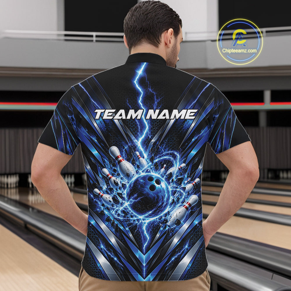 Custom Blue Lightning Bowling Team Jersey, Matching Bowling League Quarter Zip Shirt For Men IPHW12343
