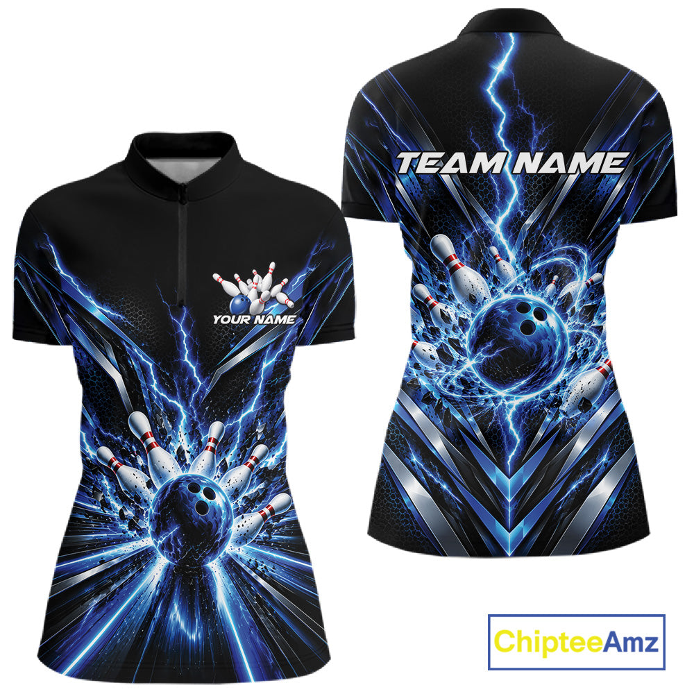 Custom Blue Lightning Matching Bowling League Quarter-Zip Shirt For Women IPHW12343