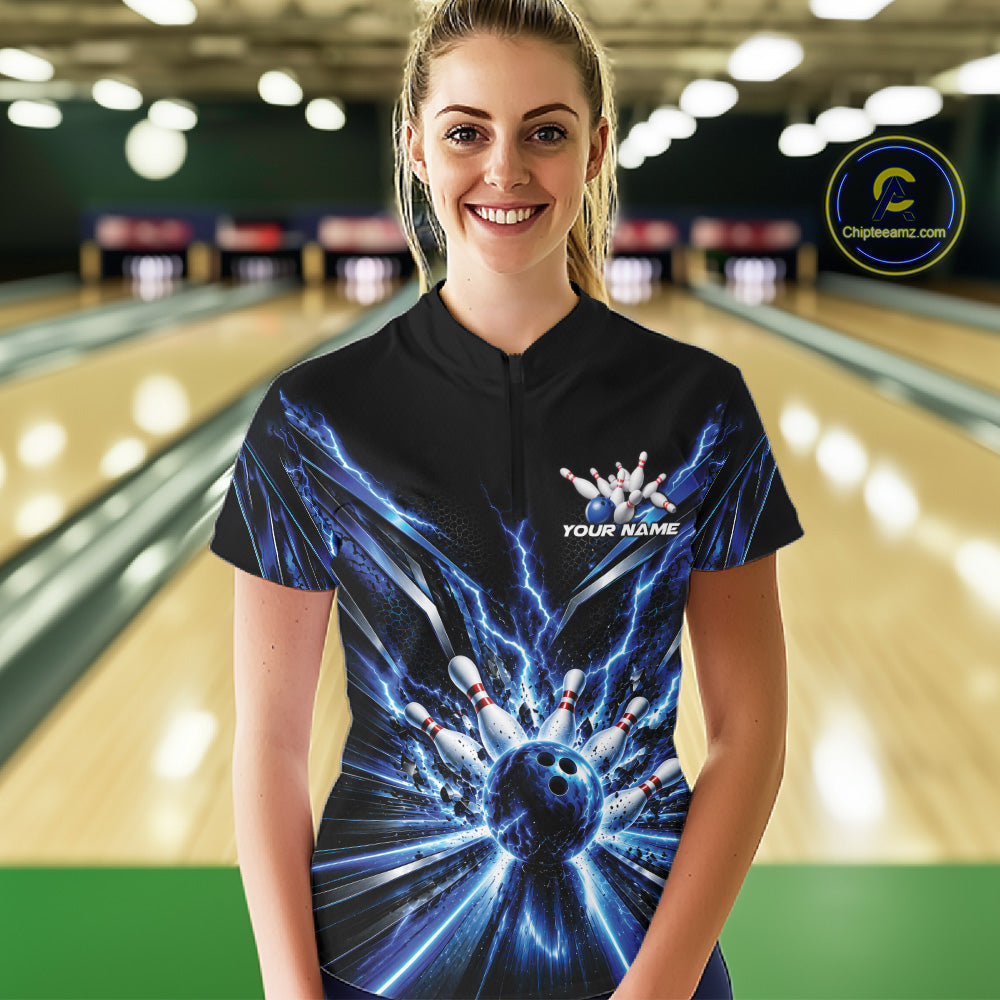 Custom Blue Lightning Matching Bowling League Quarter-Zip Shirt For Women IPHW12343