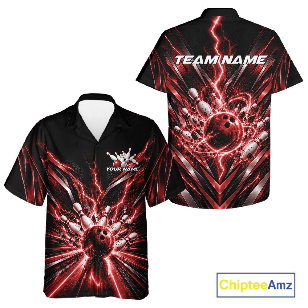 Custom Red Lightning Bowling Team Jersey, Matching Bowling League Button Up Shirt For Men And Women IPHW12344