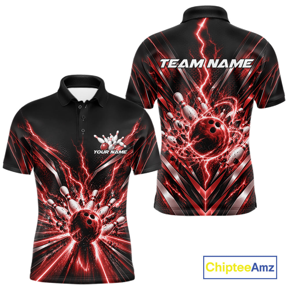 Custom Red Lightning Bowling Team Jersey, Matching Bowling League Polo Shirt For Men IPHW12344