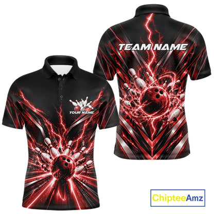 Custom Red Lightning Bowling Team Jersey, Matching Bowling League Polo Shirt For Men IPHW12344