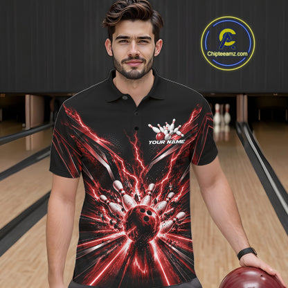 Custom Red Lightning Bowling Team Jersey, Matching Bowling League Polo Shirt For Men IPHW12344