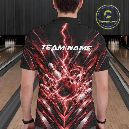 Custom Red Lightning Bowling Team Jersey, Matching Bowling League Polo Shirt For Men IPHW12344
