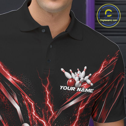 Custom Red Lightning Bowling Team Jersey, Matching Bowling League Polo Shirt For Men IPHW12344
