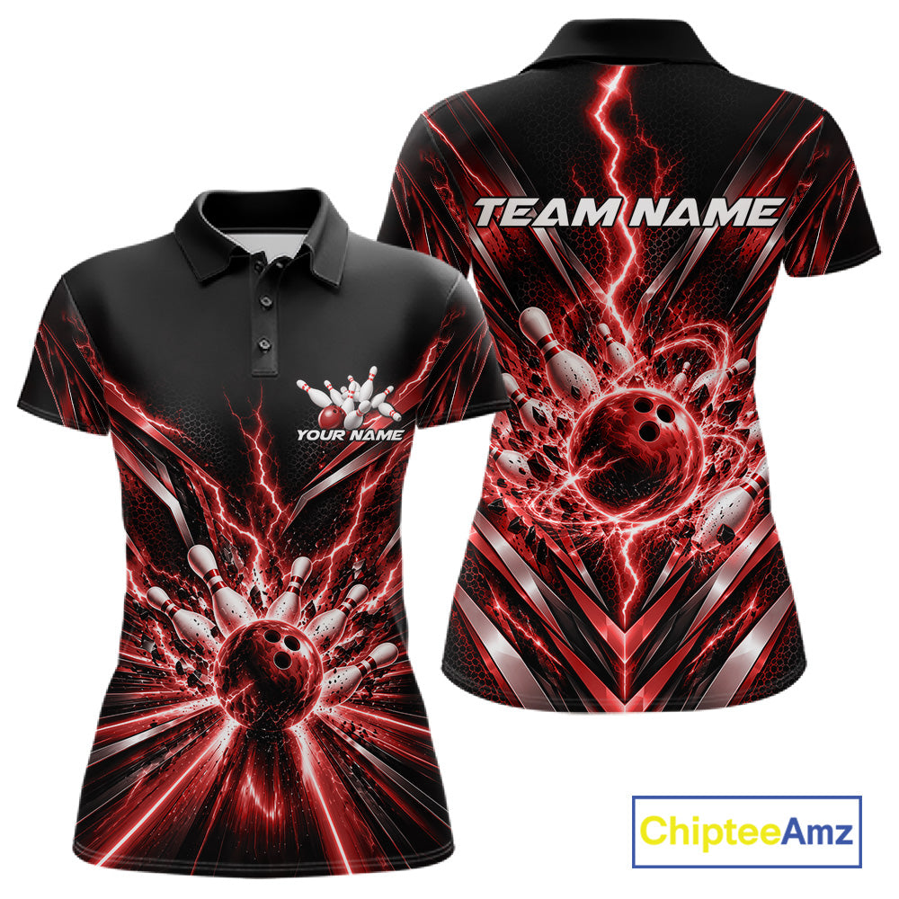 Custom Red Lightning Bowling Team Jersey, Matching Bowling League Polo Shirt For Women IPHW12344