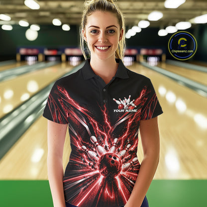 Custom Red Lightning Bowling Team Jersey, Matching Bowling League Polo Shirt For Women IPHW12344