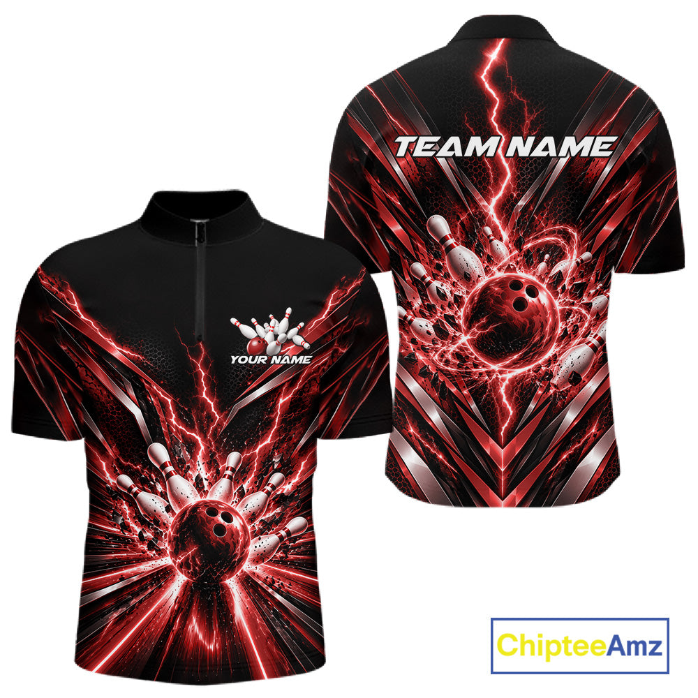 Custom Red Lightning Bowling Team Jersey, Matching Bowling League Quarter Zip Shirt For Men IPHW12344