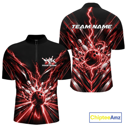 Custom Red Lightning Bowling Team Jersey, Matching Bowling League Quarter Zip Shirt For Men IPHW12344