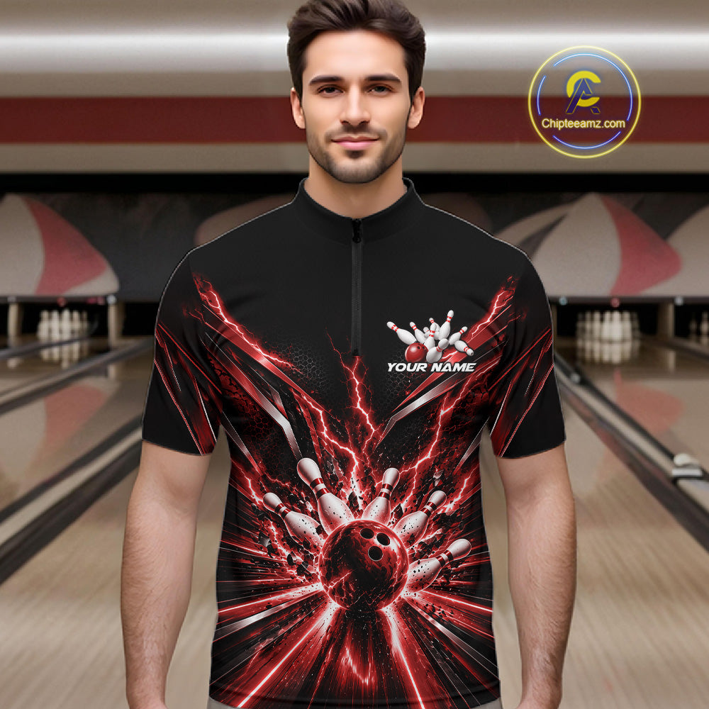 Custom Red Lightning Bowling Team Jersey, Matching Bowling League Quarter Zip Shirt For Men IPHW12344