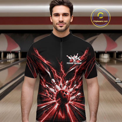 Custom Red Lightning Bowling Team Jersey, Matching Bowling League Quarter Zip Shirt For Men IPHW12344