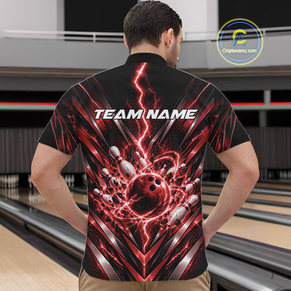 Custom Red Lightning Bowling Team Jersey, Matching Bowling League Quarter Zip Shirt For Men IPHW12344
