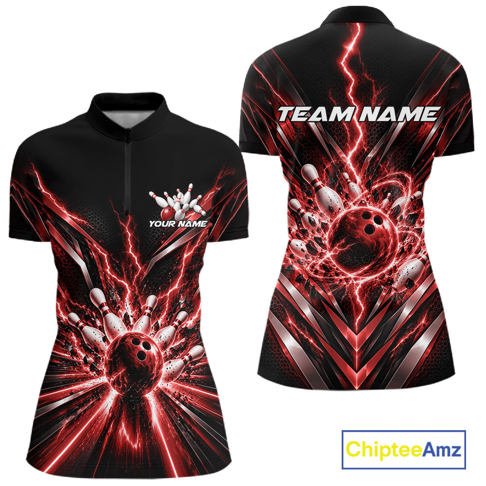 Custom Red Lightning Matching Bowling League Quarter-Zip Shirt For Women IPHW12344