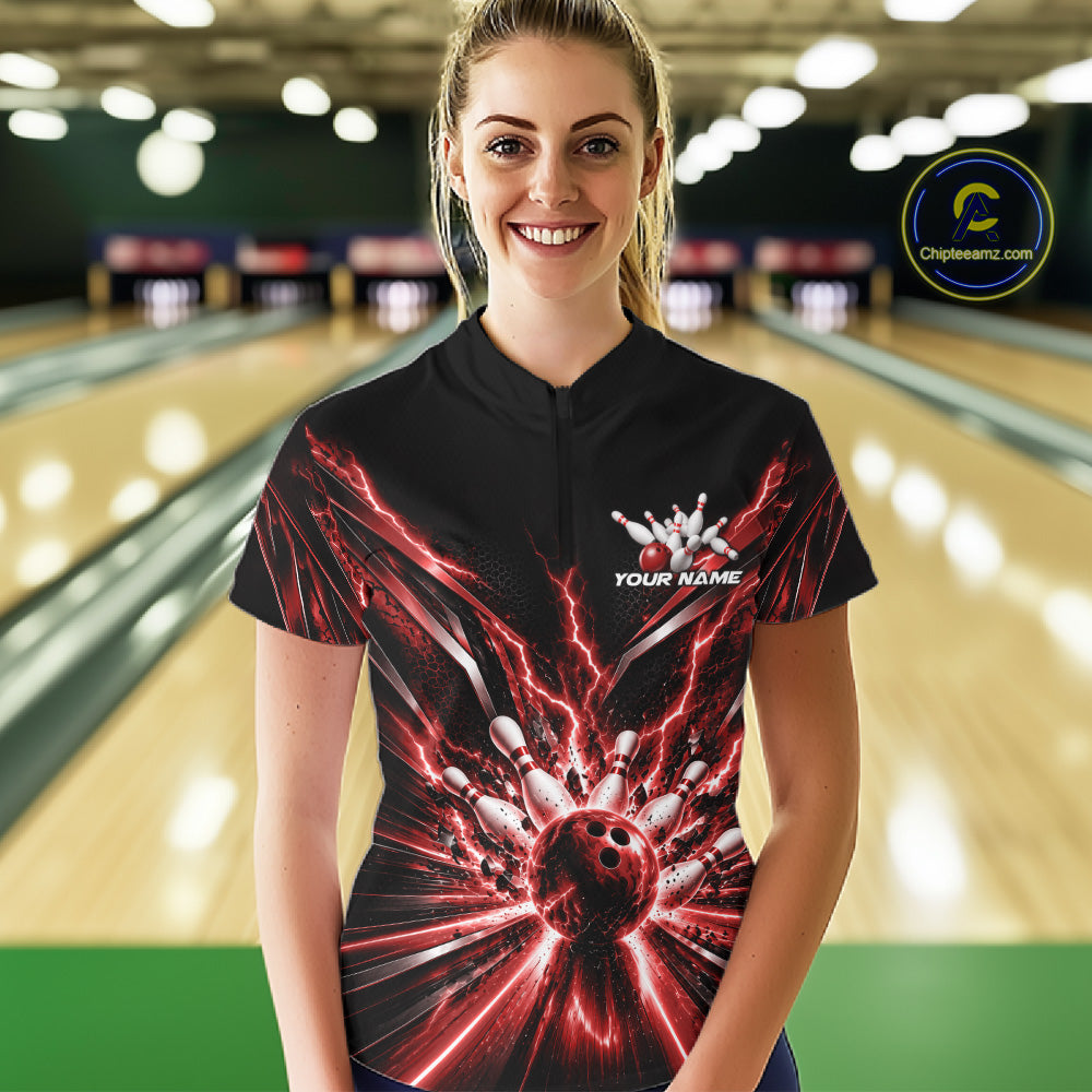 Custom Red Lightning Matching Bowling League Quarter-Zip Shirt For Women IPHW12344