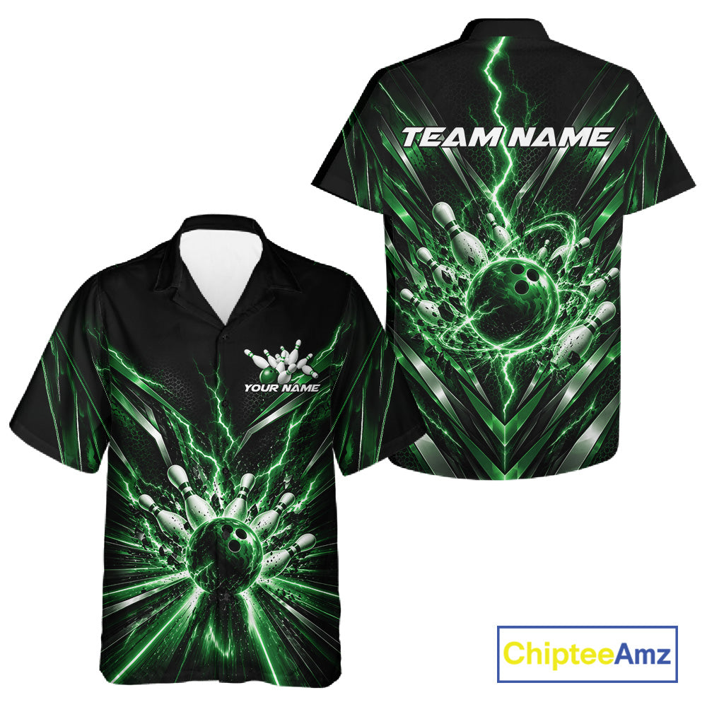 Custom Green Lightning Bowling Team Jersey, Matching Bowling League Button Up Shirt For Men And Women IPHW12345